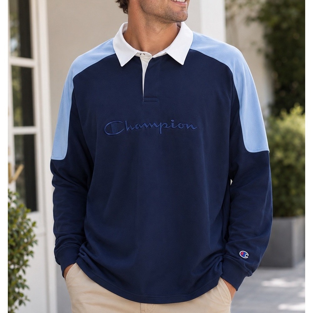 Champion Club Sport Men's 2XL Blue Colorblock Long Sleeve Rugby Shirt NWT